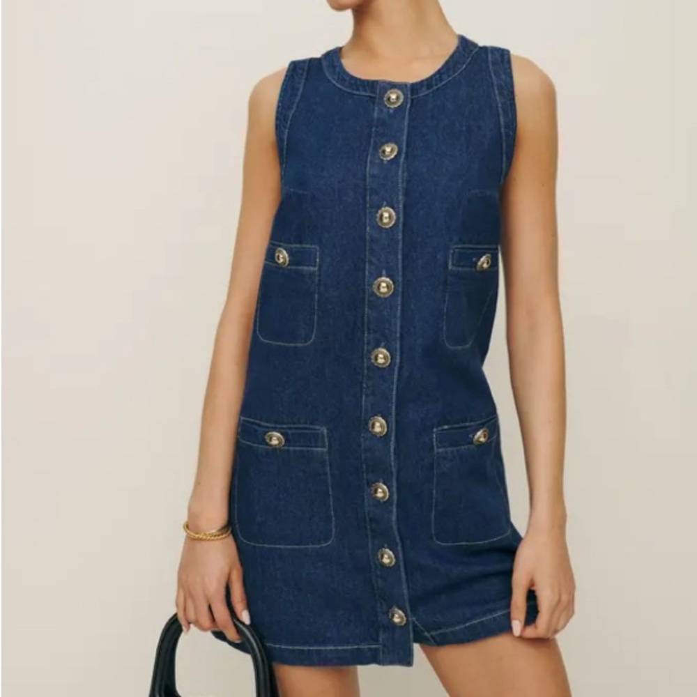Reformation Tropez Sleeveless Denim Button-Down Dress